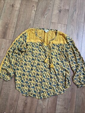 Boho Crochet Yoke Tunic Top in Mustard Yellow Floral